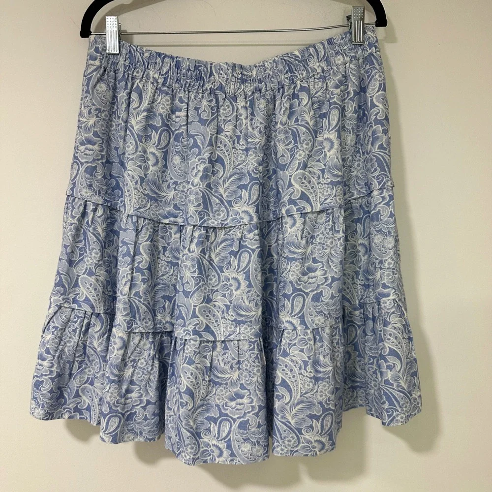 Soft Surroundings Skirt Womens Medium Blue White Floral Paisley Linen Tiered